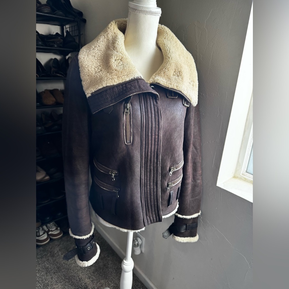 Vintage Y2K Warehouse Women’s Brown Shearling-Style Moto Jacket UK 14 USA 10 - Picture 7 of 8